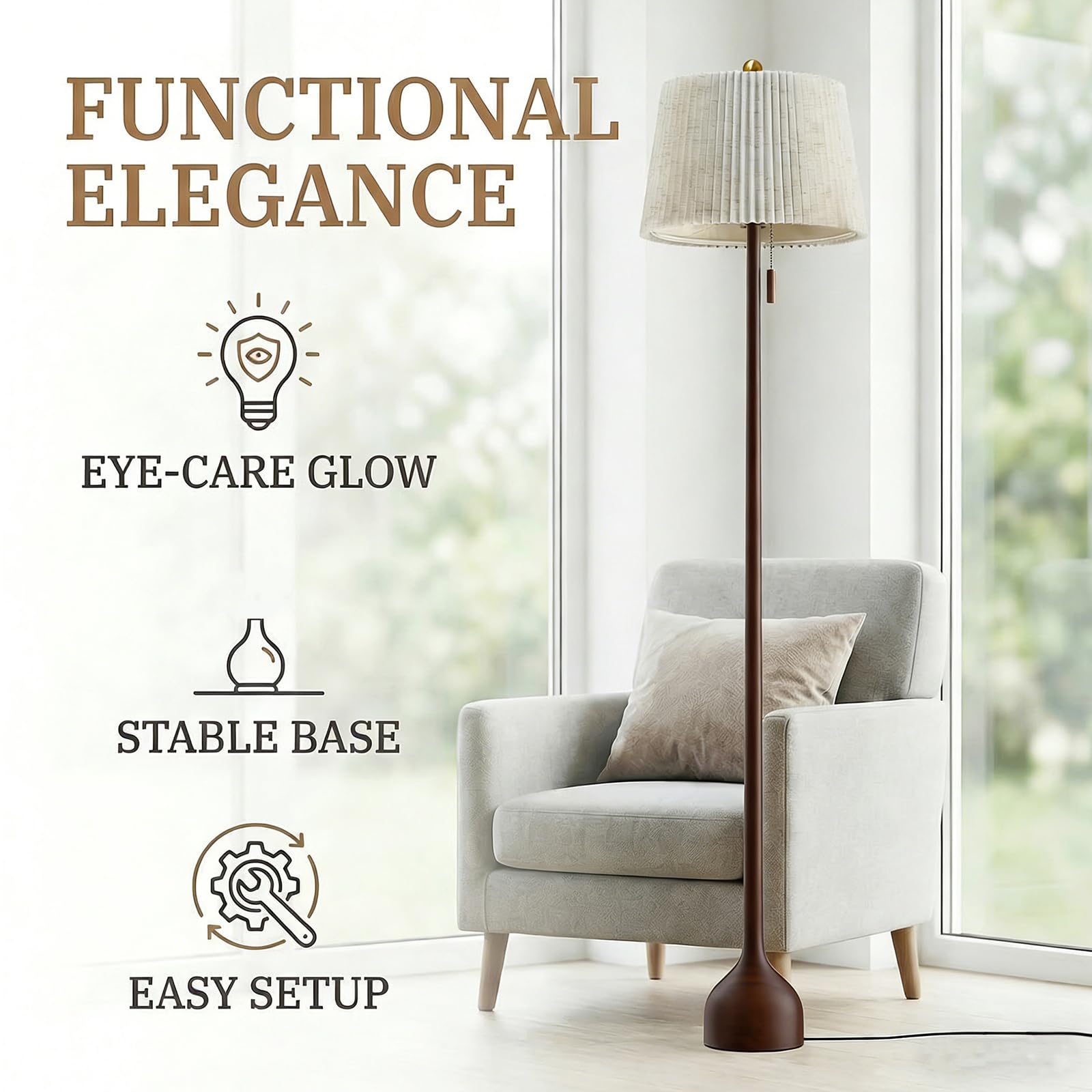Mid-Century Modern Wood Floor Lamp with Dual Shades