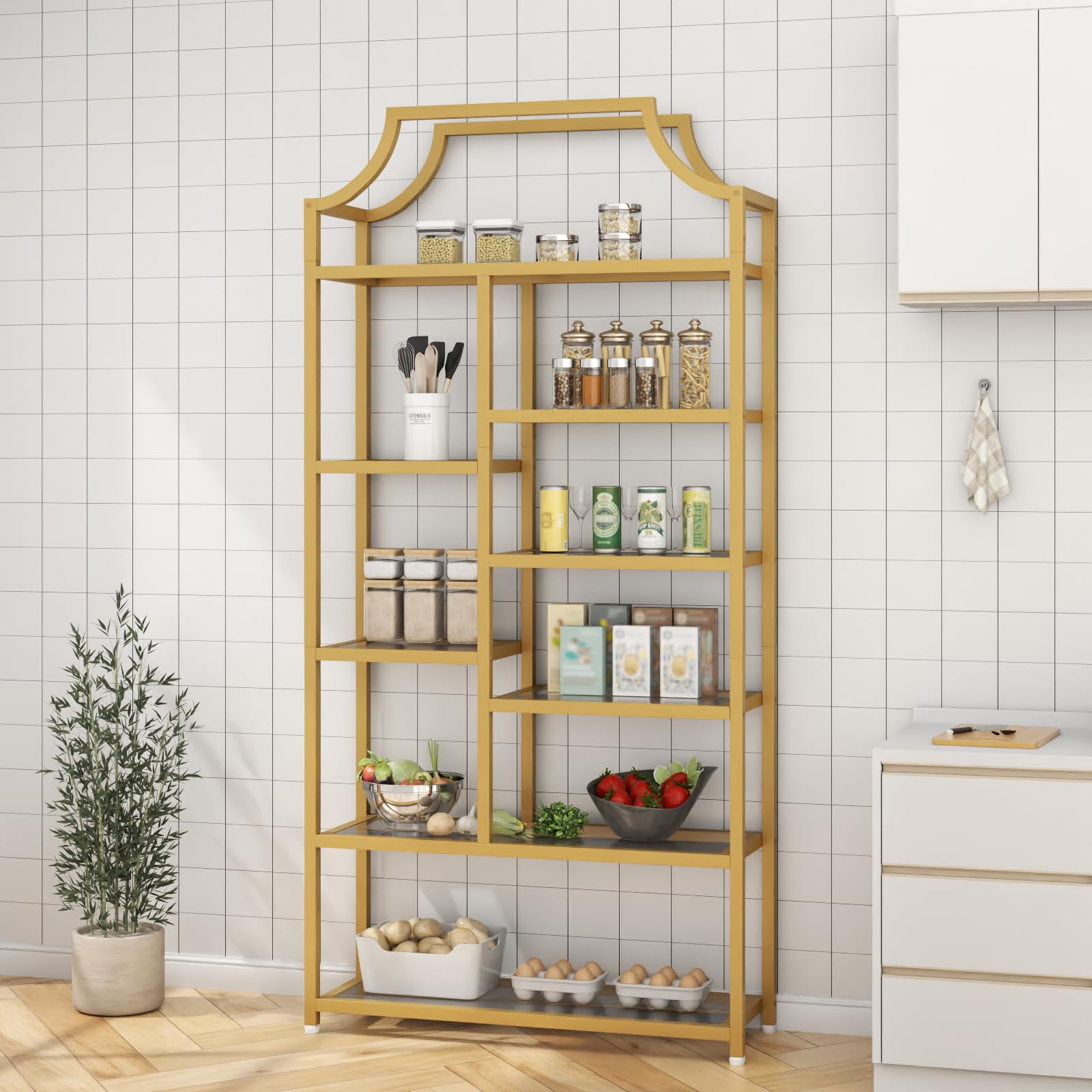 8-Tier Tempered Glass Etagere Bookshelf – Gold Metal Frame