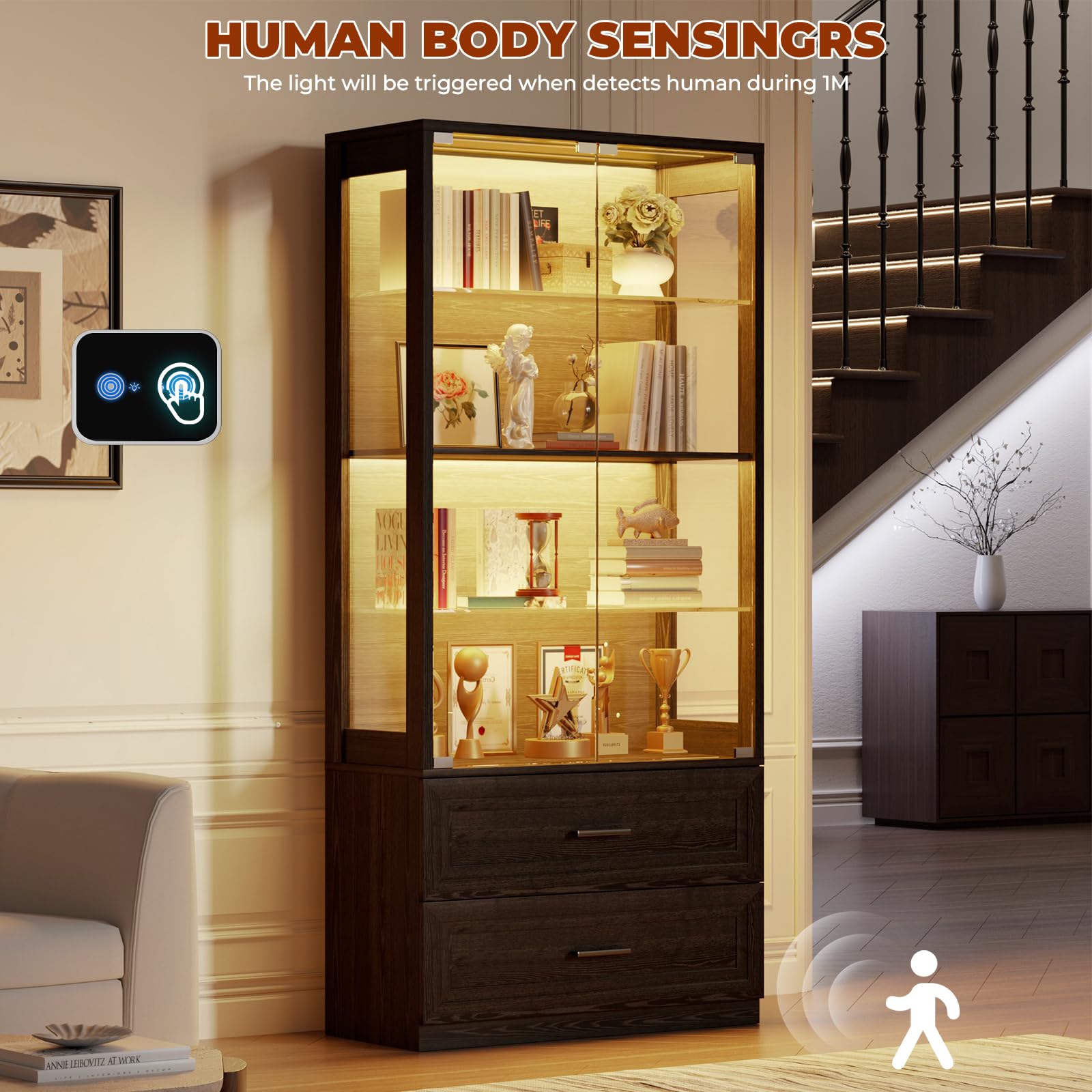 67" Glass Door Display Cabinet with LED Lights & Drawers