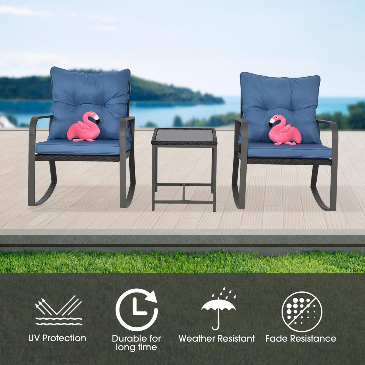 Temminkii Bistro 3 Piece Patio Furniture Set, Patio Table and Rattan Outdoor Rocking Chairs Set of 2, Outdoor Bistro Conversation Set for Garden, Balcony, Poolside, Backyard, Blue