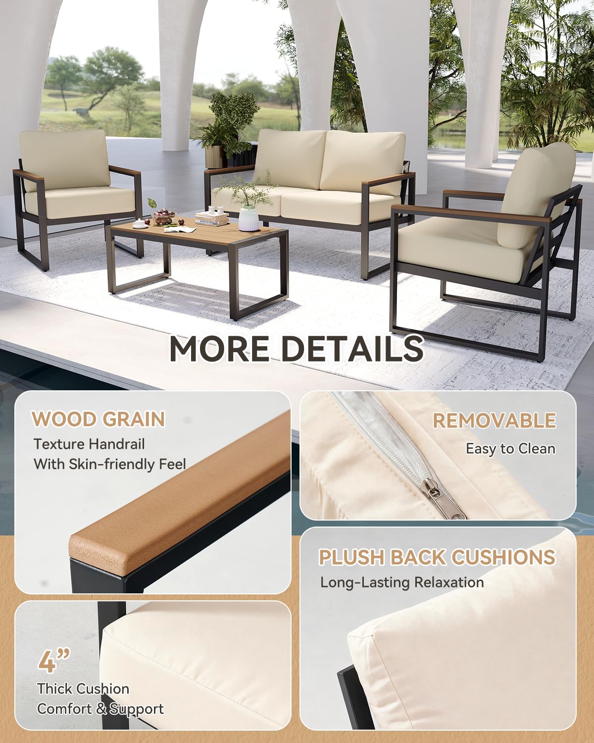 4-Piece Patio Conversation Set with Thick Cushions & Coffee Table