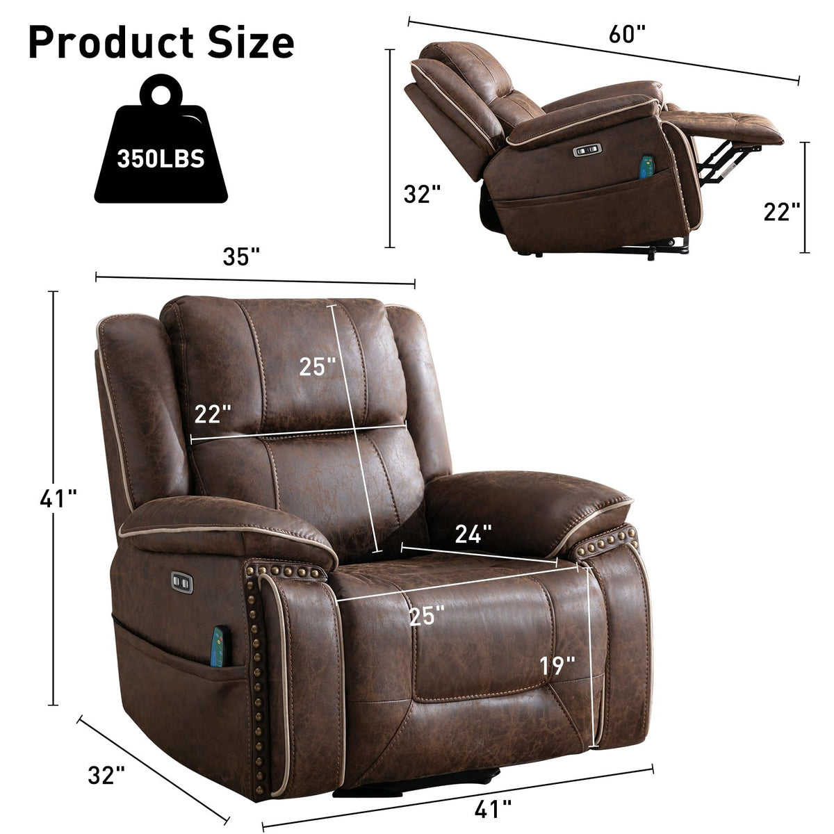 Bonzy Home Power Lift Recliner Chair for Elderly with Massage and Heat, Dual Motor Faux Leather Recliner Chair with Spacious Seat, 2 Cup Holders, Adjustable Headrest, Remote (Dark Brown)