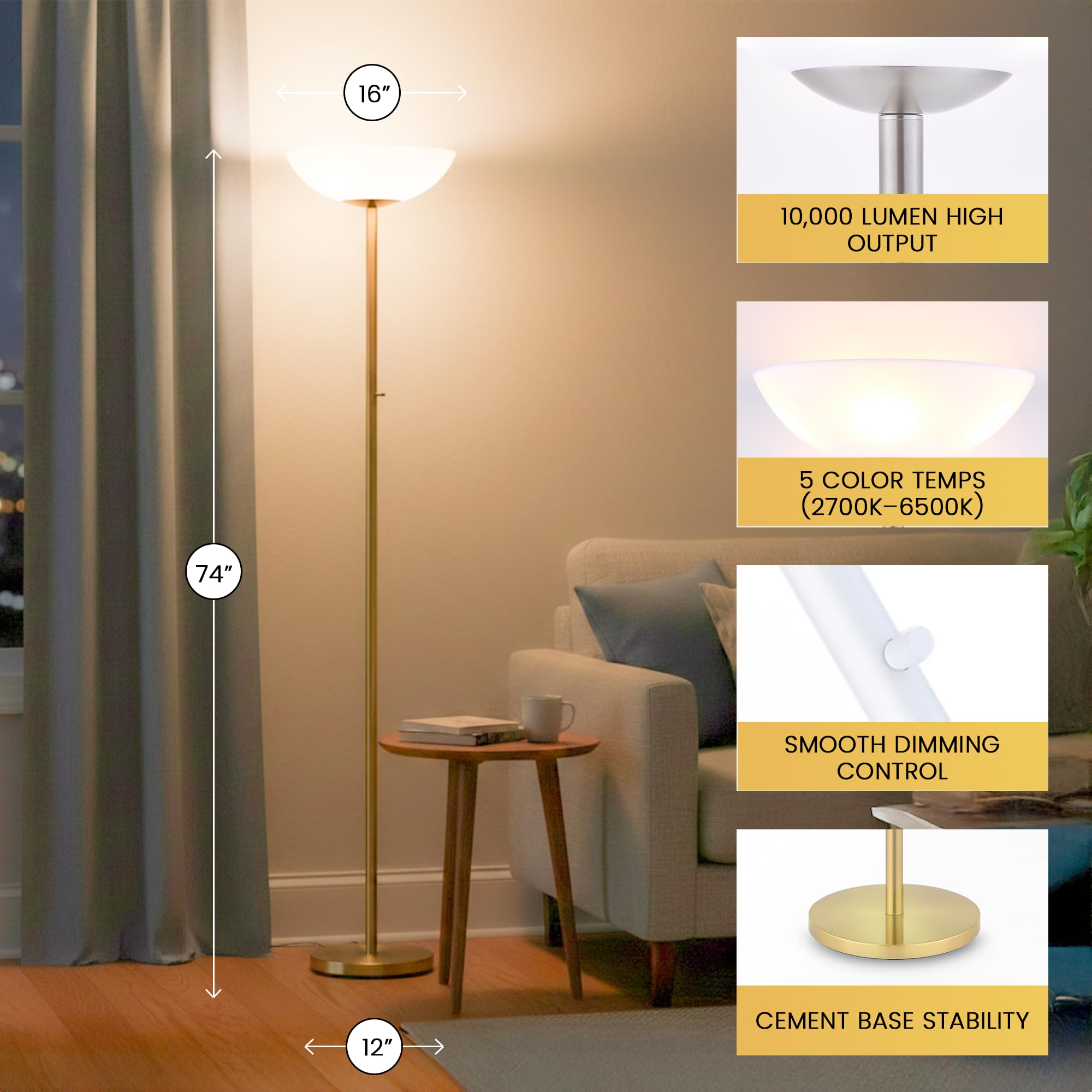 LED Floor Lamp 10000 Lumen Dimmable with Acrylic Shade