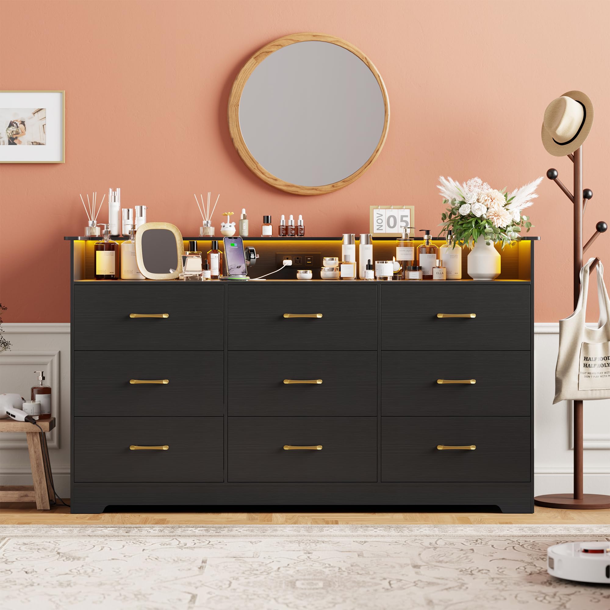 9-Drawer Dresser with LED Light & Charging Station