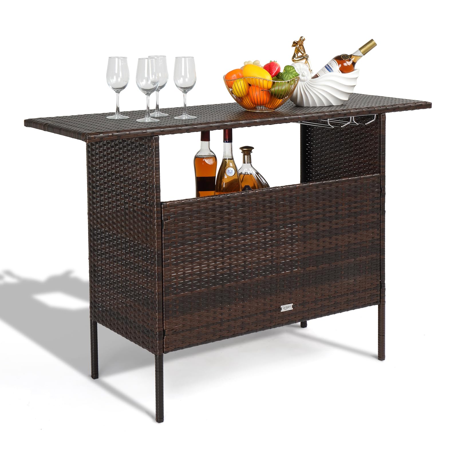 VINGLI Wicker Outdoor Bar Table with 2 Steel Shelves, Sets of Rails, Rattan Patio Storage for Backyard, Poolside, Garden