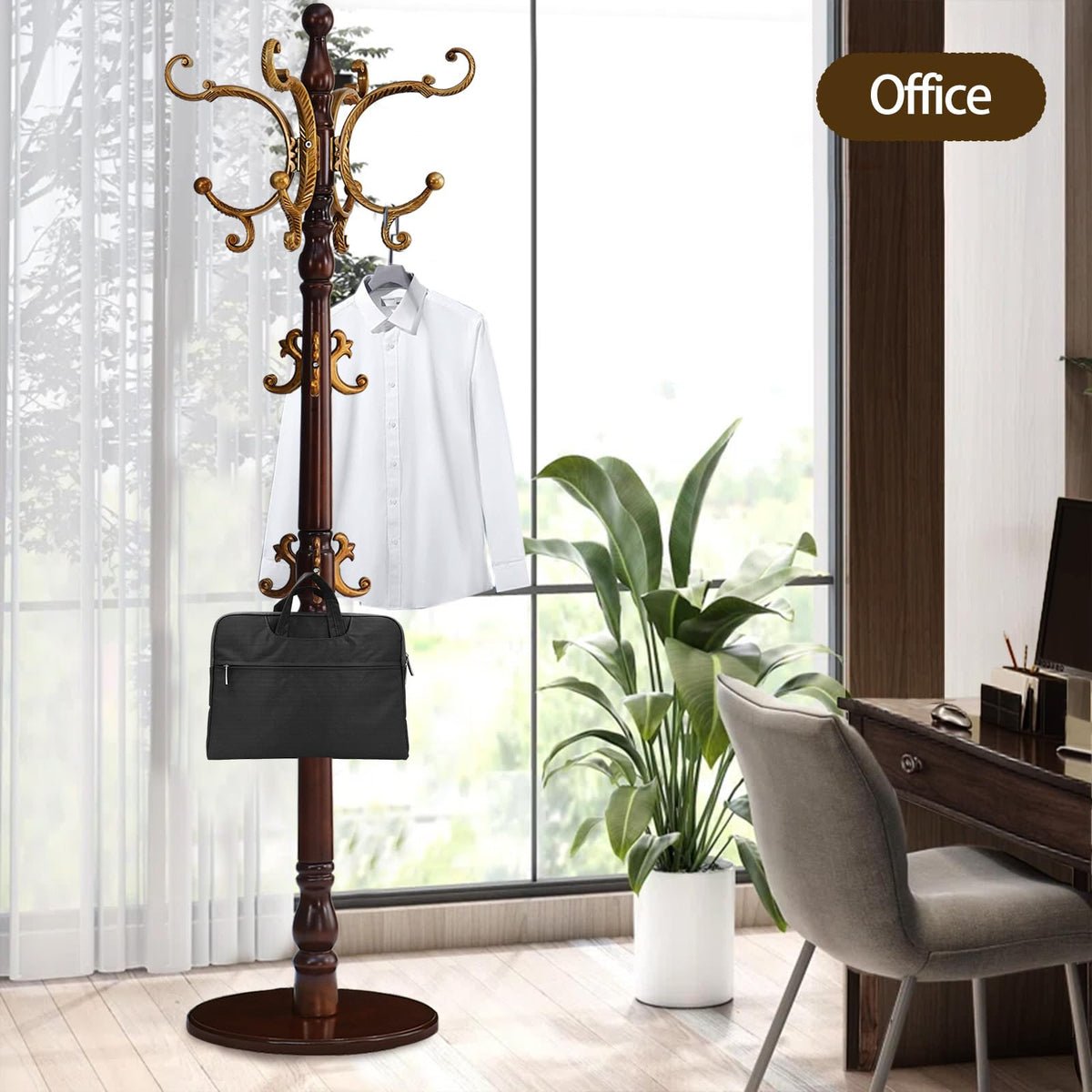 Yyzlscktt Coat Rack Freestanding, Wooden Coat Tree with Stable Round Base, Vintage Heavy Duty Coat Rack Stand with 14 Hooks, Coat Hanger Stand for Bedroom, Office, Entryway (Vintage)