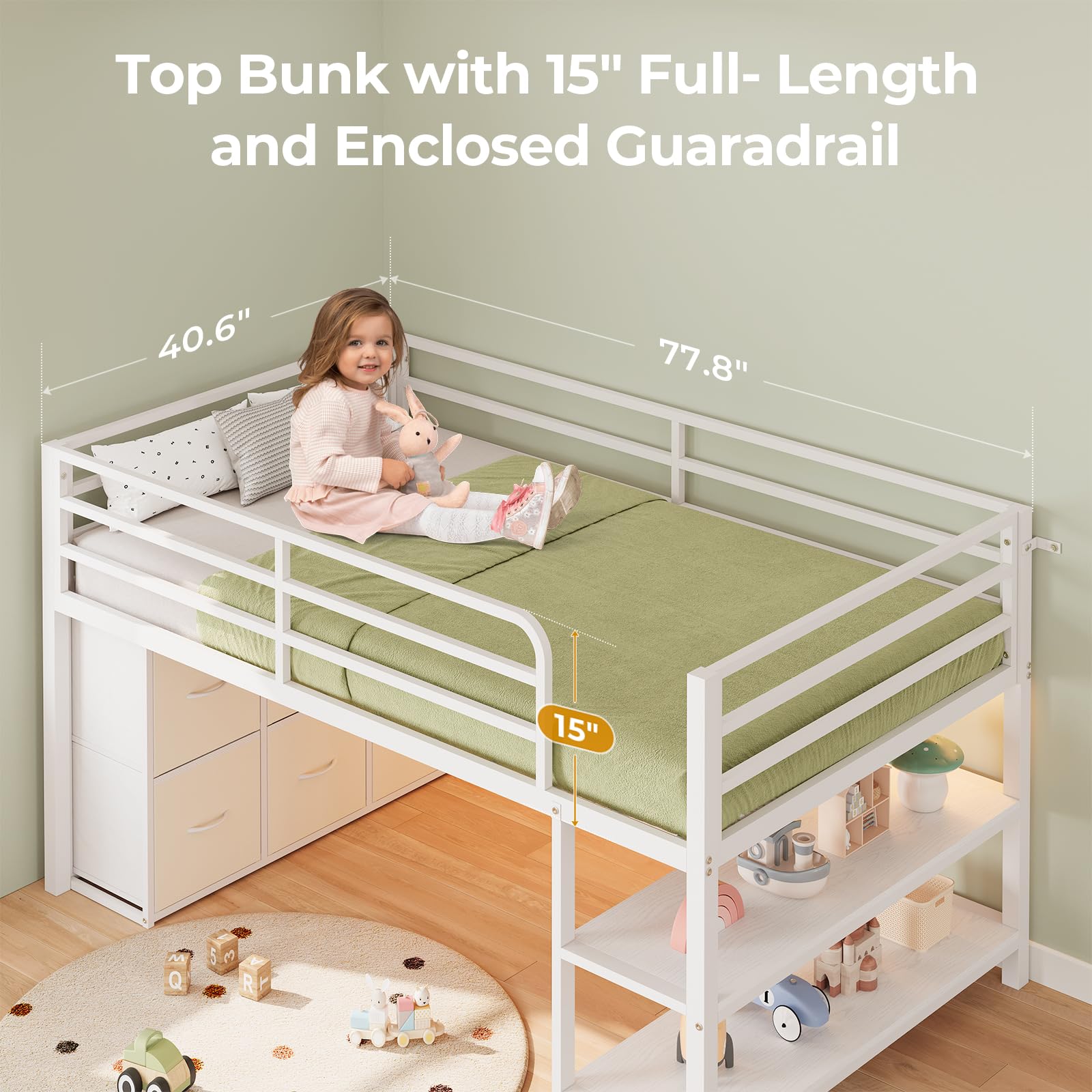 ADORNEVE Low Loft Bed with 6 Storage Drawers, Twin Loft Bed with LED Lights, Metal Loft Bed Twin Size with Open Storage Shelves, Twin Bed Frame with 15" H Safety Guard Rail for Kids, White
