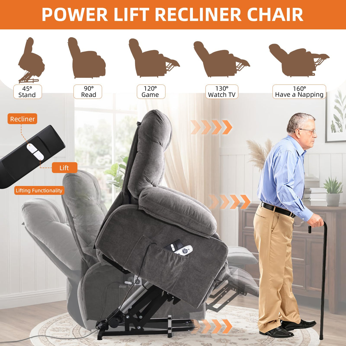 KWKSV Power Lift Recliner Chair for Elderly,8-Point Vibration Massage & Heat,Electric Lift Chair with Two Cup Holders,4 Side Pockets,Extended Footrest for Living Room