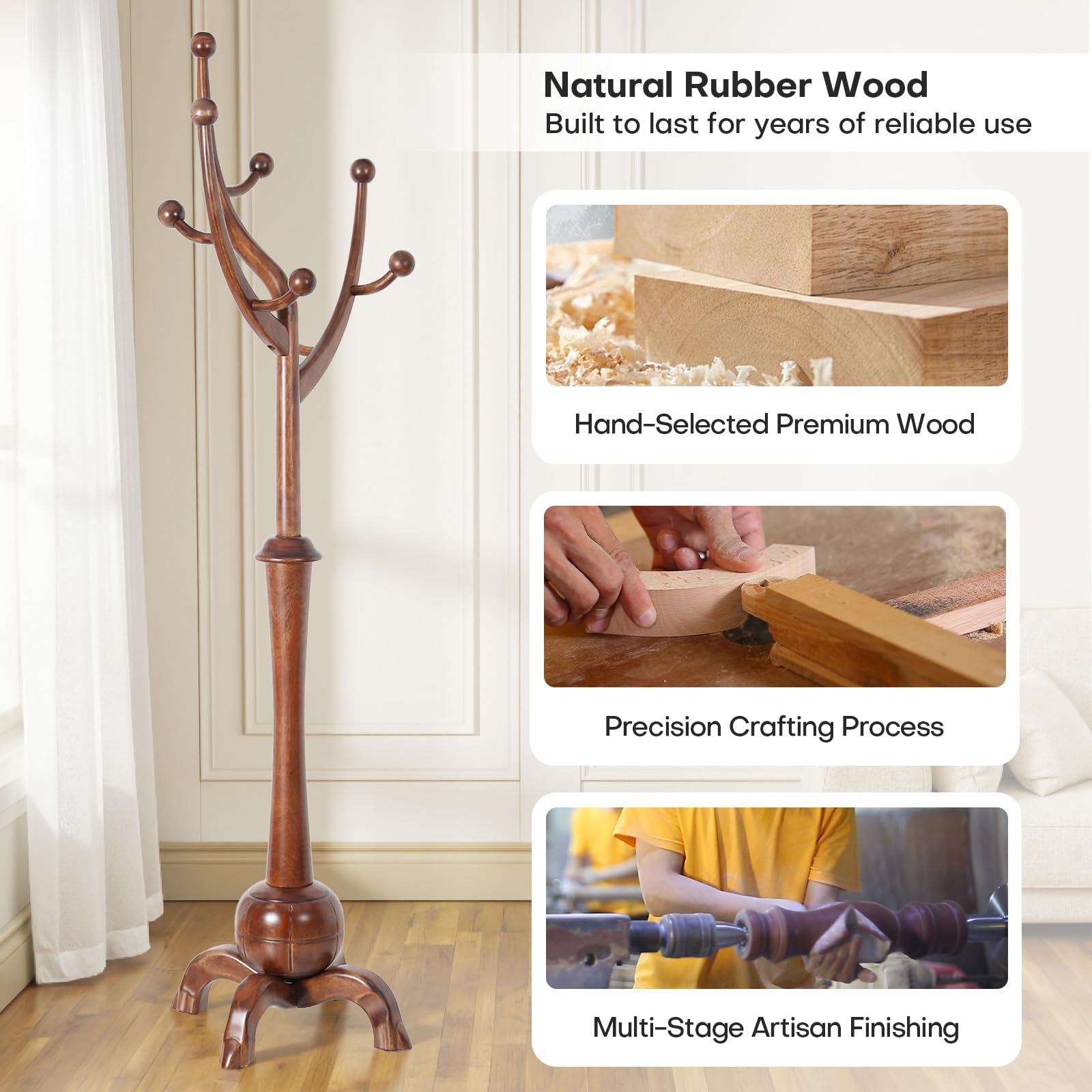 Freestanding Wooden Coat Rack with 8 Hooks