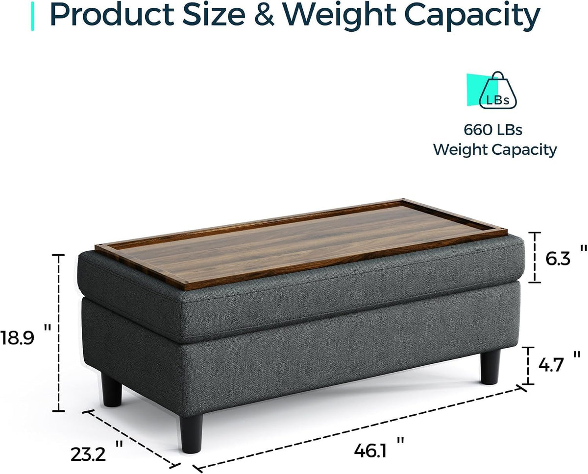 LINSY HOME 46 Inches Wide Storage Ottoman Bench, Linen Coffee Table Long Shoes Bench Footstool, Storage Chest, Foot Rest Stool, for The Living Room, Entryway and Family Room (Dark Gray)