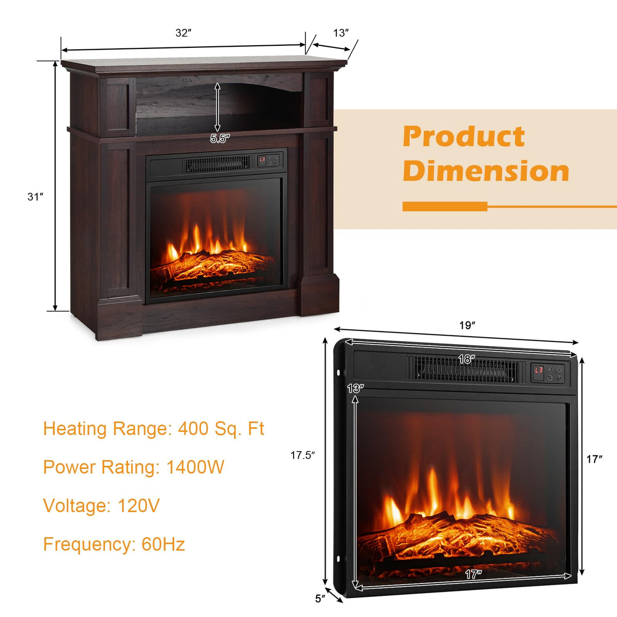 SIMOE 32-Inch Electric Fireplace with Mantel, Storage Cabinet, Brown