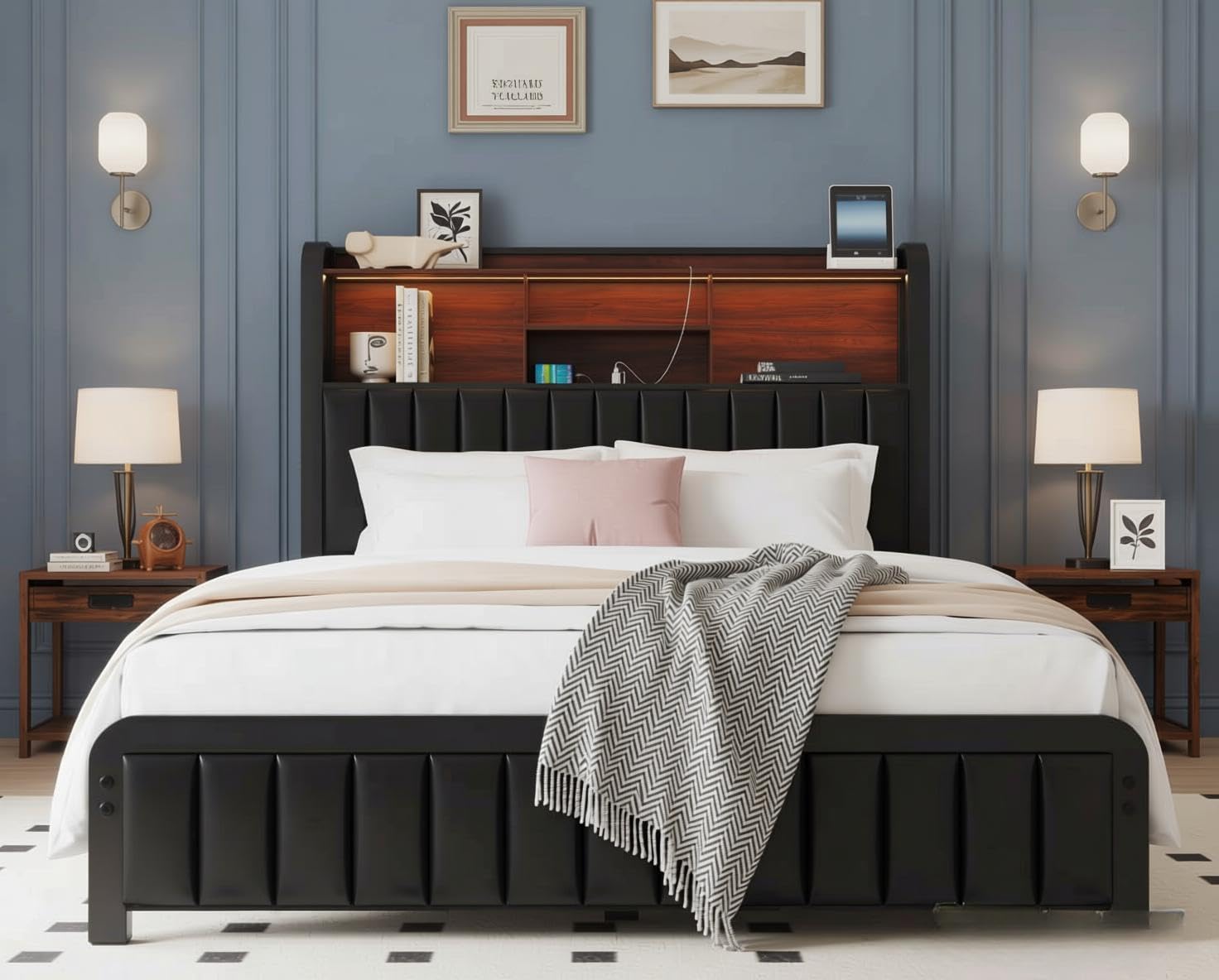 LoVinson Full Bed Frame with 3-Tier Storage Headboard & LED Lights, Upholstered PU Leather Platform Bed with Charging Station, Metal Slats, No Box Spring Needed, Black