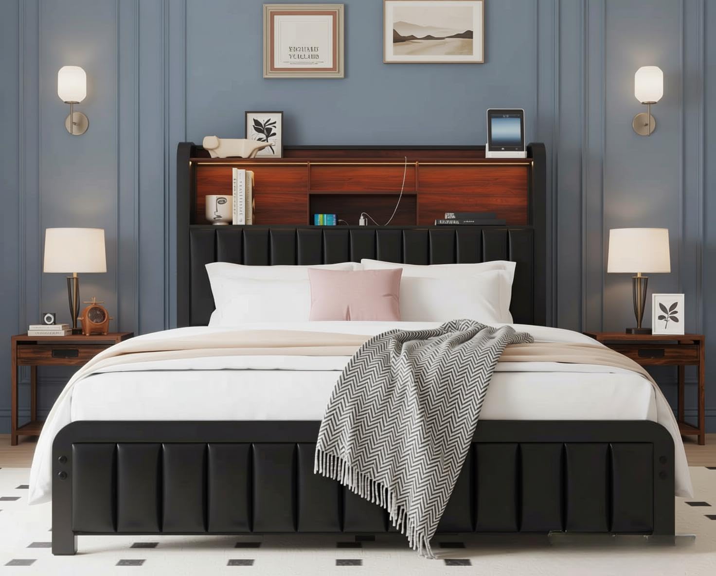 LoVinson Full Bed Frame with 3-Tier Storage Headboard & LED Lights, Upholstered PU Leather Platform Bed with Charging Station, Metal Slats, No Box Spring Needed, Black
