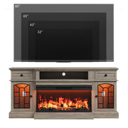 QUW 70" Farmhouse Fireplace TV Stand for TVs up to 80", Entertainment Center with 36" 3-Side Glass Electric Fireplace with Open Shelf and Cabinet, TV Console for Living Room, Grey