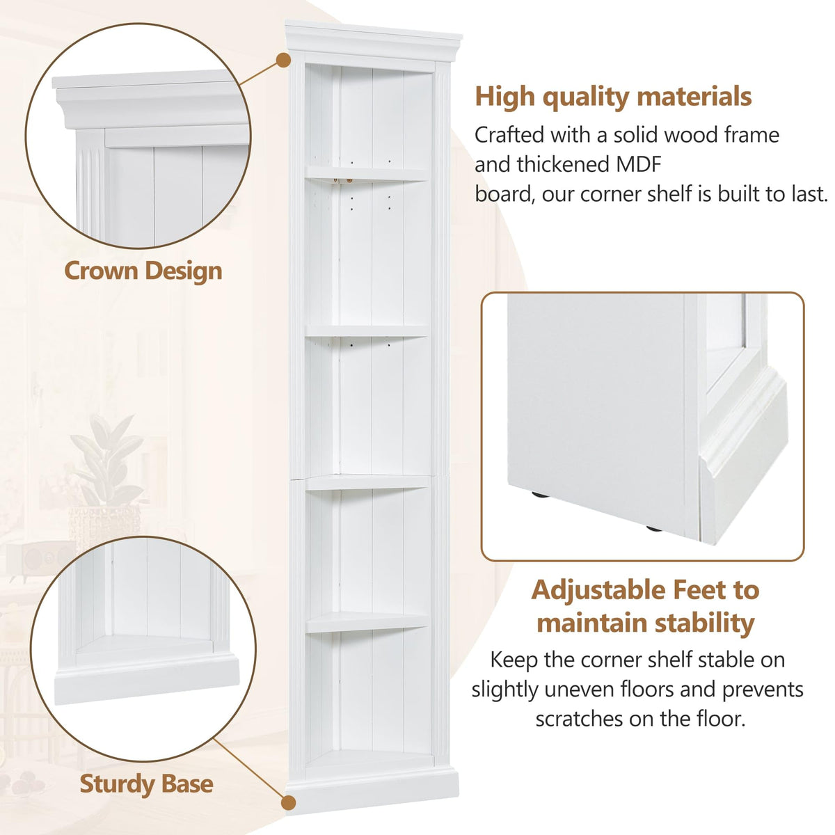 83.4" Tall Corner Shelf, 5-Tier Solid Wood Corner Bookcase, Freestanding Open Storage Display Stand, Modern Tall Plant Rack for Small Space, Living Room, Home Office, White