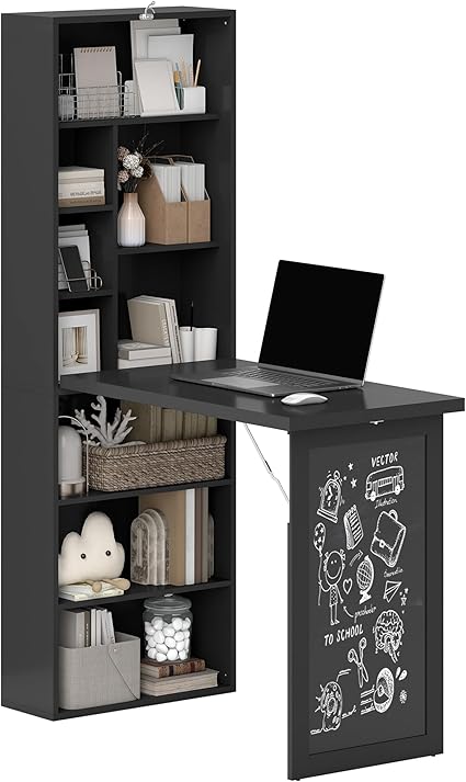 Wall-Mounted Fold-Out Desk with Chalkboard & Storage Shelves