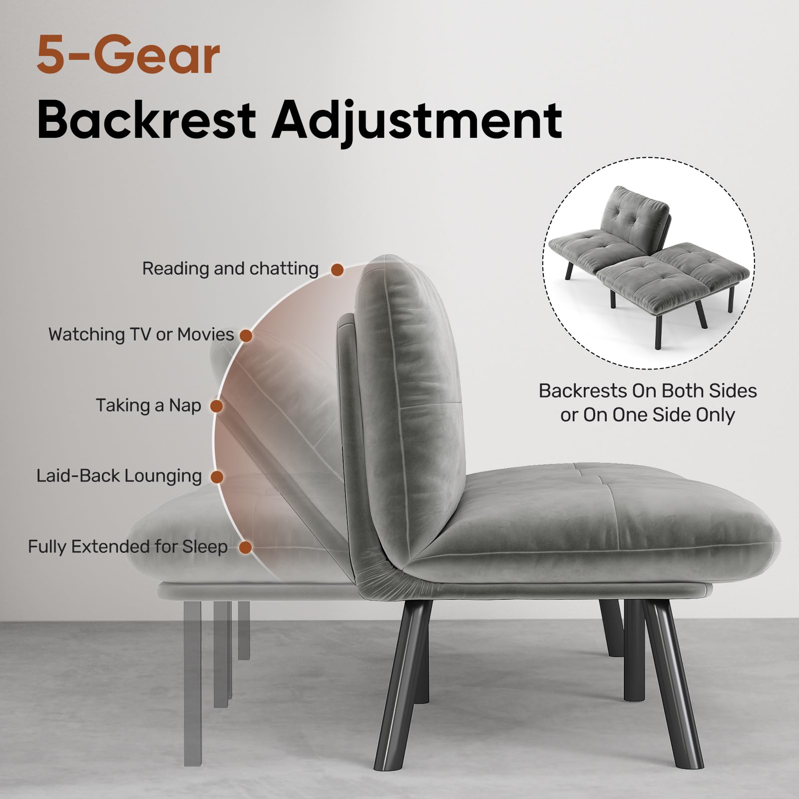 homeokay Futon Sofa Sleeper Couch Bed with Adjustable Backrest Thick Cushion Velvet Fabric for Department Living Room Lounge Sofa Loveseat (Gray)