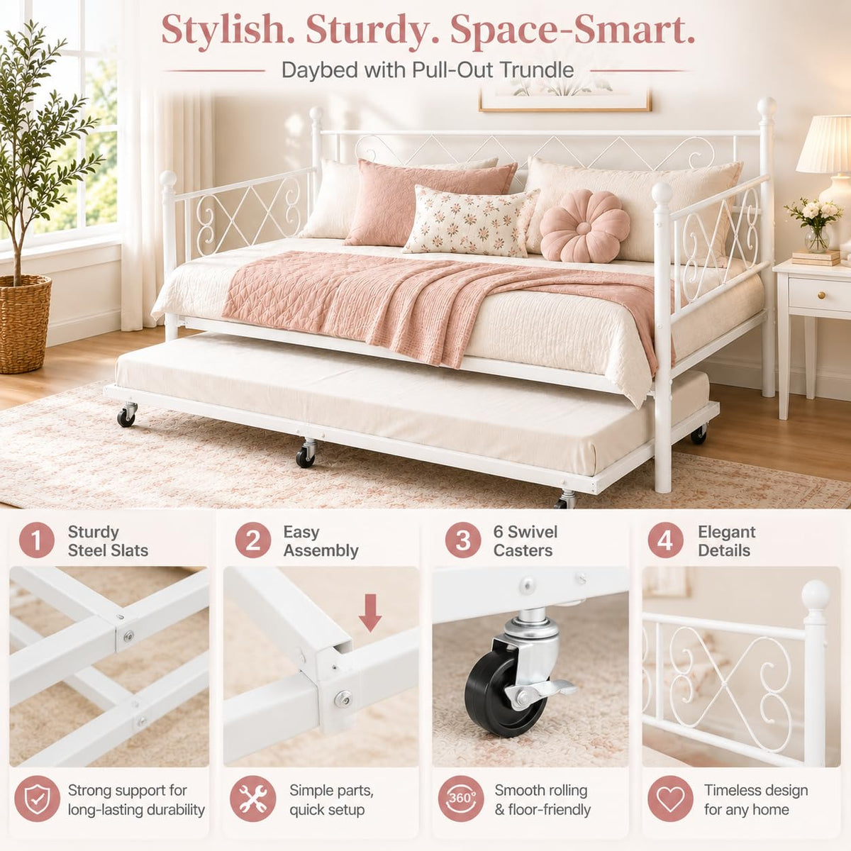 Garvee Daybed with Trundle, Heart‑Shaped Daybed with Trundle, Sturdy Metal Sofa Bed, Heavy-Duty Metal Bed Frame Support, for Living Rooms, Bedrooms, and Guest Rooms, Easy Assembly