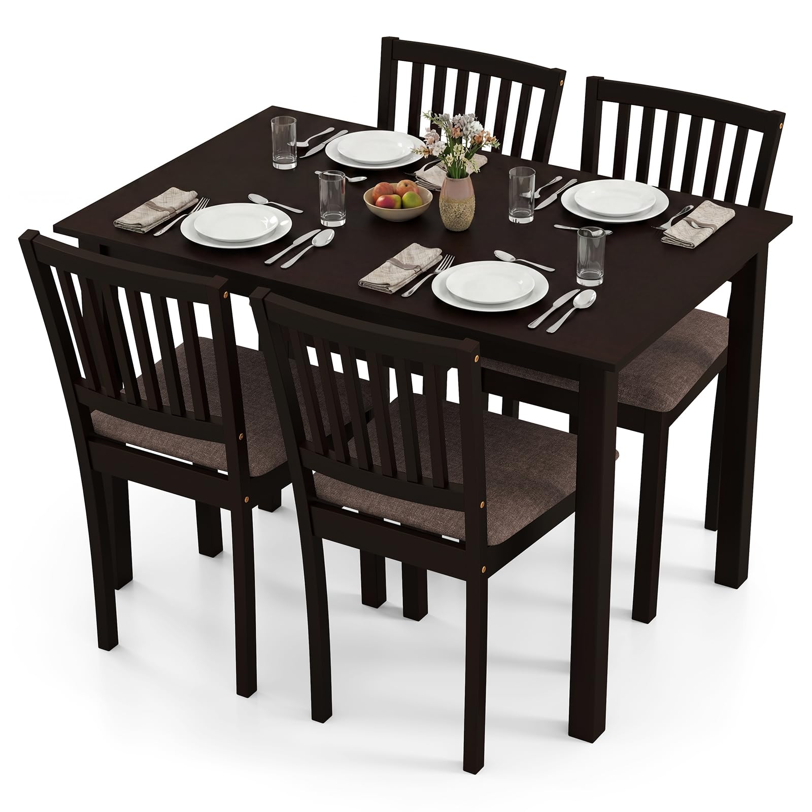 Giantex Dining Table Set for 4, Rectangular Kitchen Table Set w/4 Upholstered Chairs & Solid Rubber Wood Frame, Space-Saving Dinette Set for Small Space, Dining Room, Breakfast Nook