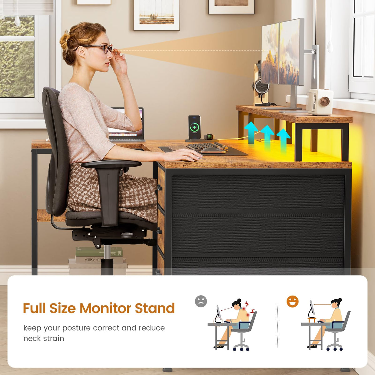 SEDETA L Shaped Desk with 4 Drawers, Shelves, Power Outlets, Rustic Brown