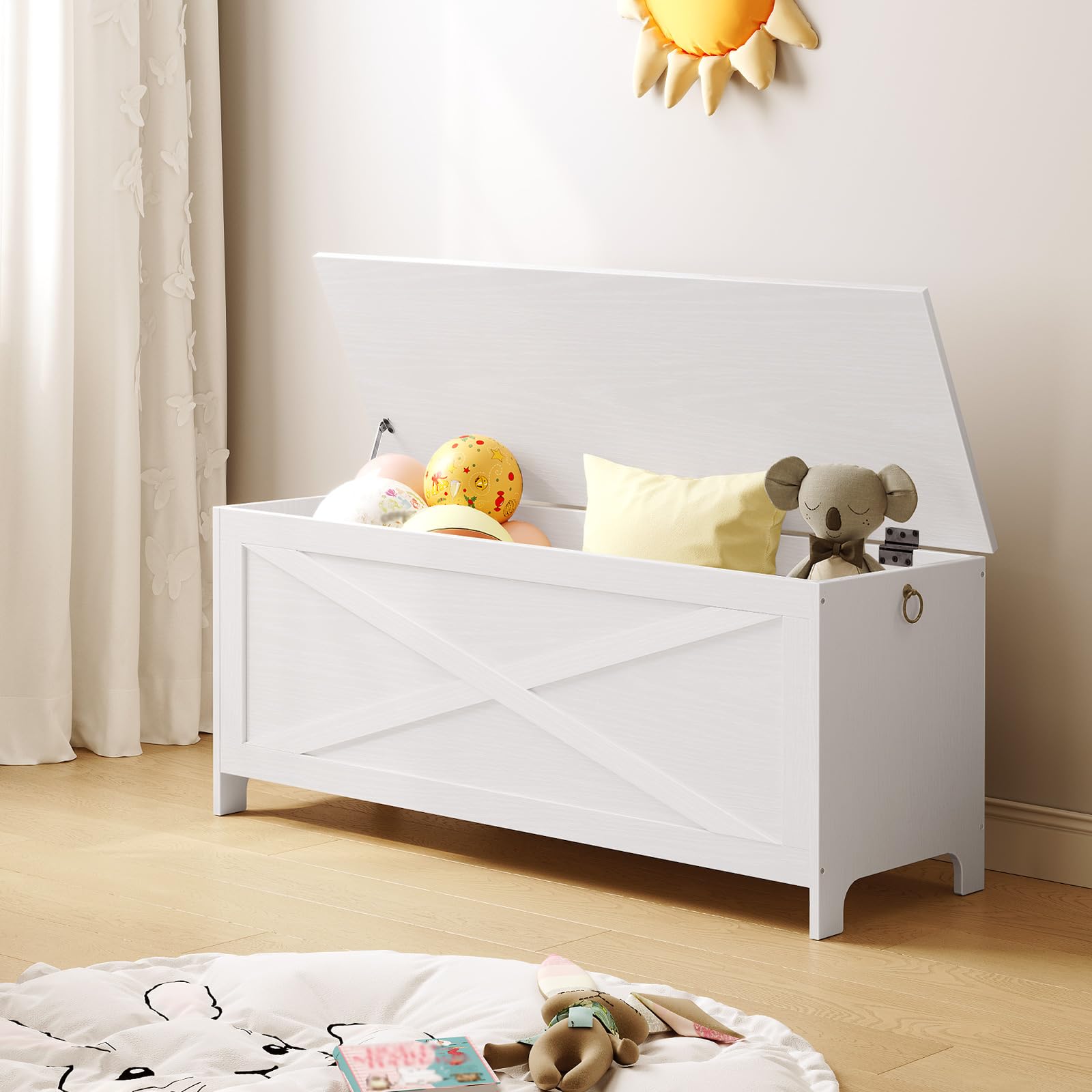 MAHANCRIS 47.2" Toy Chest, Sturdy Entryway Storage Chest with Safety Hinge, Retro Toy Box, Wooden Look Accent Furniture for Living Room, Bedroom, White SCBW48801