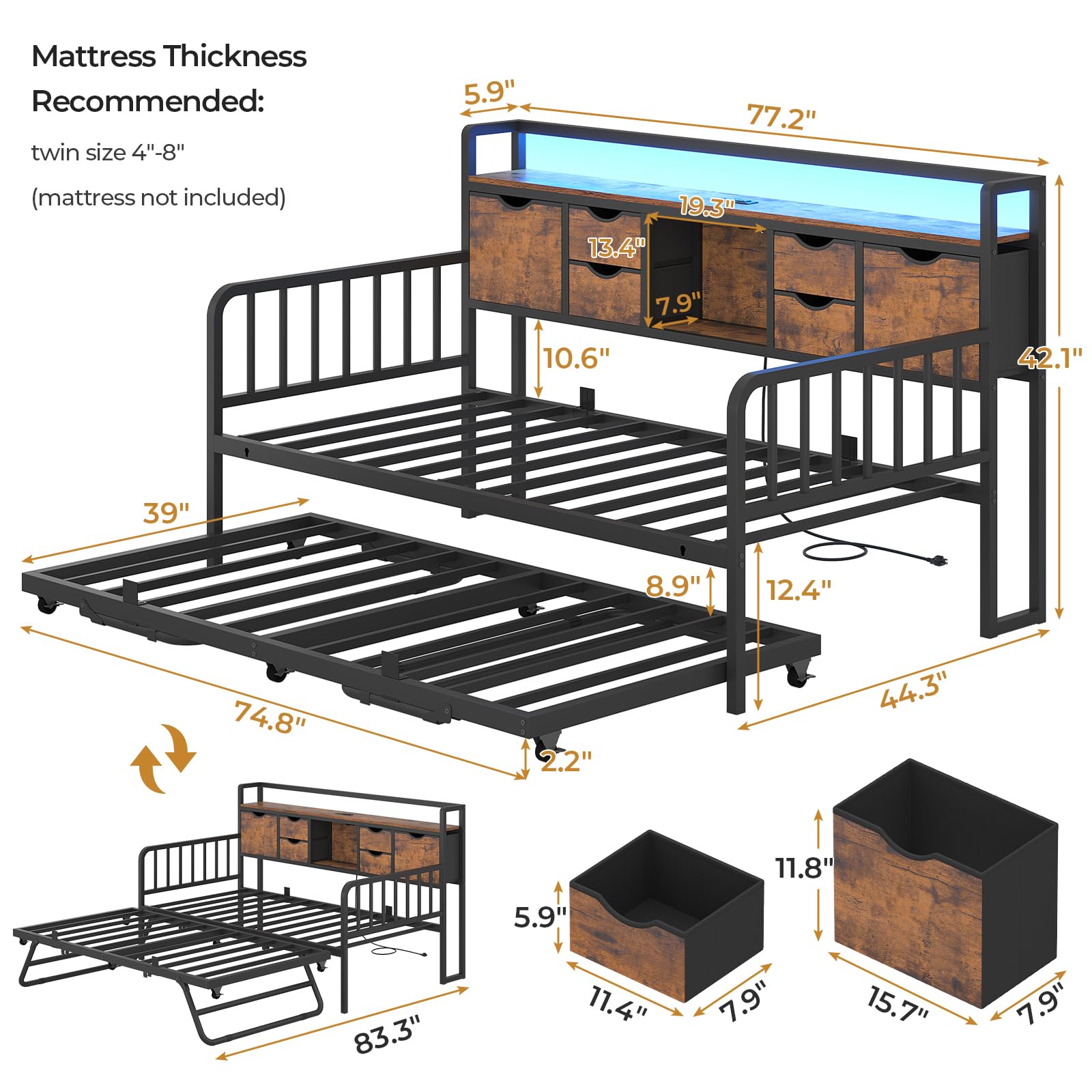 Twin Daybed with Pop-Up Trundle & Storage Headboard