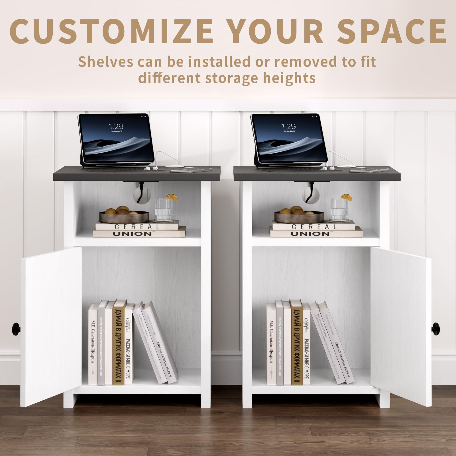 AURINEST Farmhouse End Table Set of 2 w/Charging Station, Nightstands w/Barn Door&Storage Shelf, Rustic Bedside Table for Living Room, Bedroom, Entryway, Office, Small Spaces, White