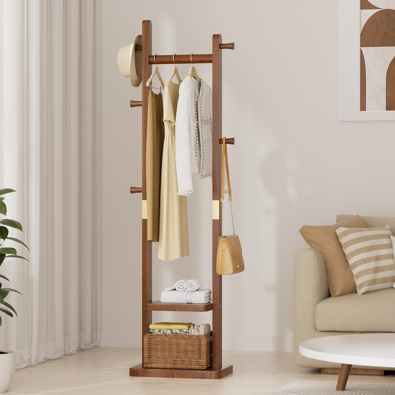 Solid Wood Coat Rack with 2 Shelves & 5 Hooks