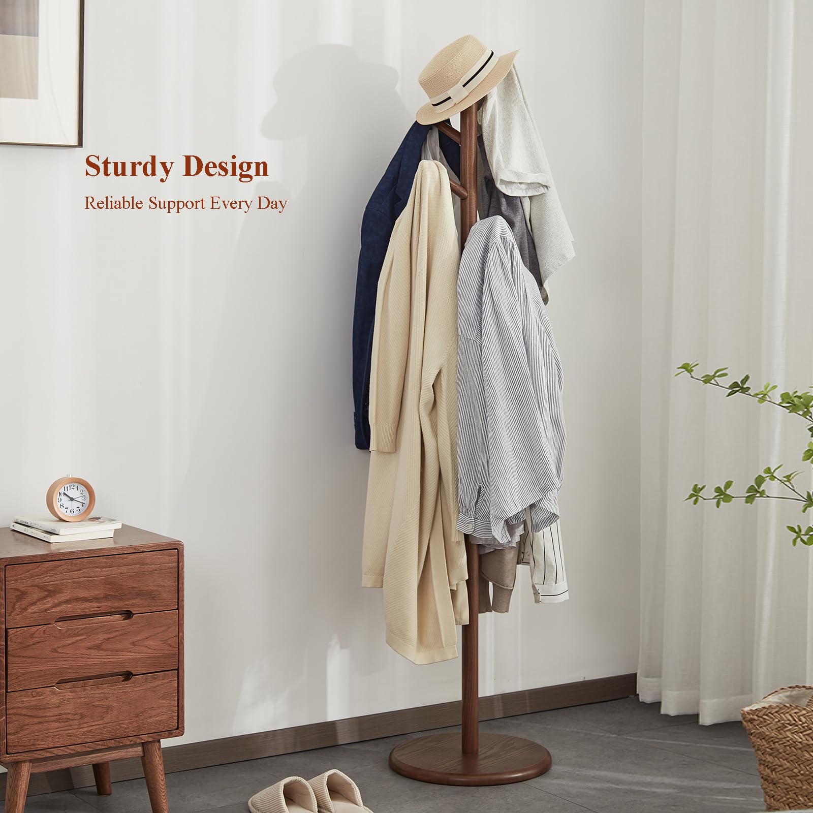 Wooden Freestanding Coat Rack with 6 Hooks