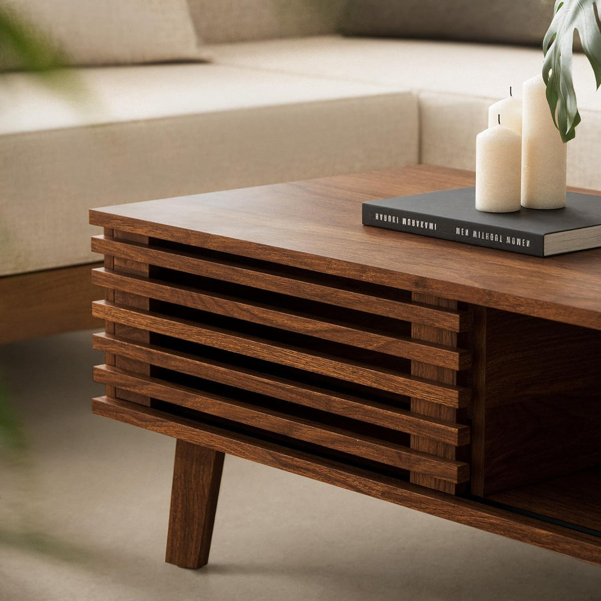 MAISONARIA Living Room Table Sets of 3, Mid Century Coffee Table & End Table Set of 2, Sliding Door Coffee Table with Storage, Modern End Table for Living Room, Walnut