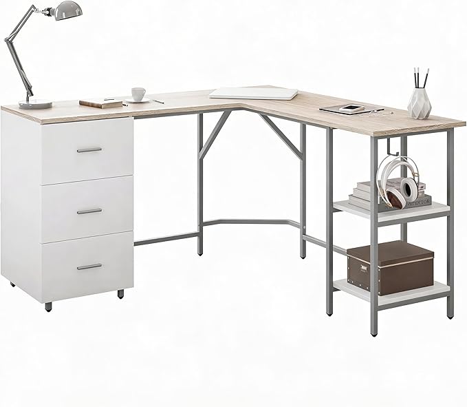 L-Shaped Computer Desk with Drawers & Storage Shelves
