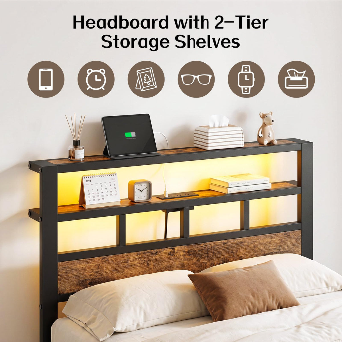 Insdiy Twin Bed Frame with Charging Station and LED, Metal Platform Bed