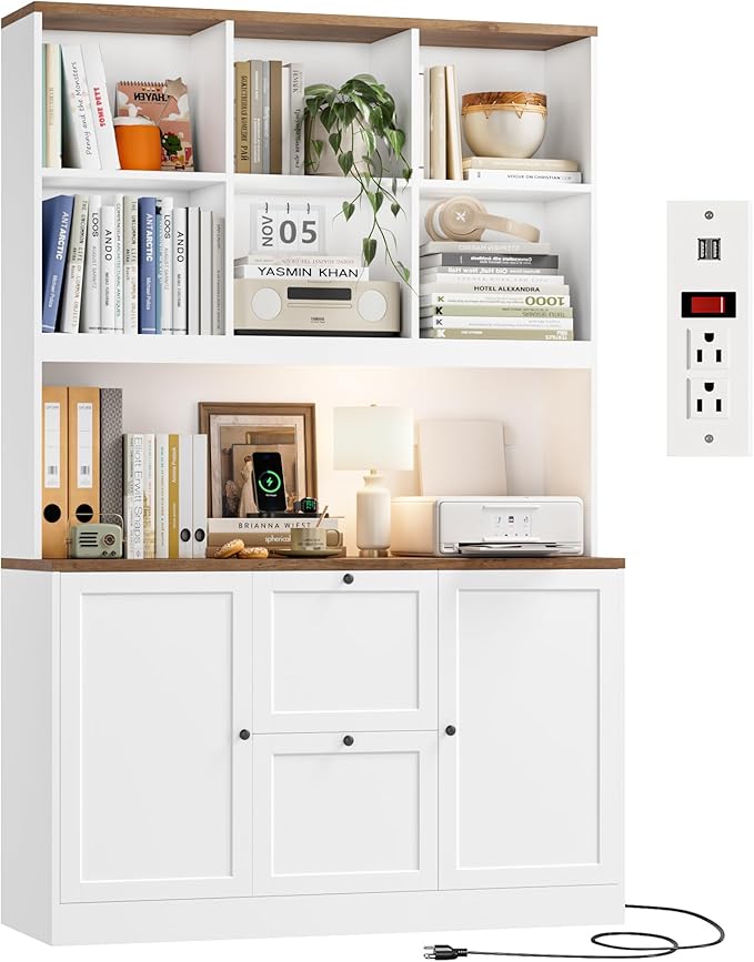 72" Tall Bookcase with Power Outlet & File Drawers