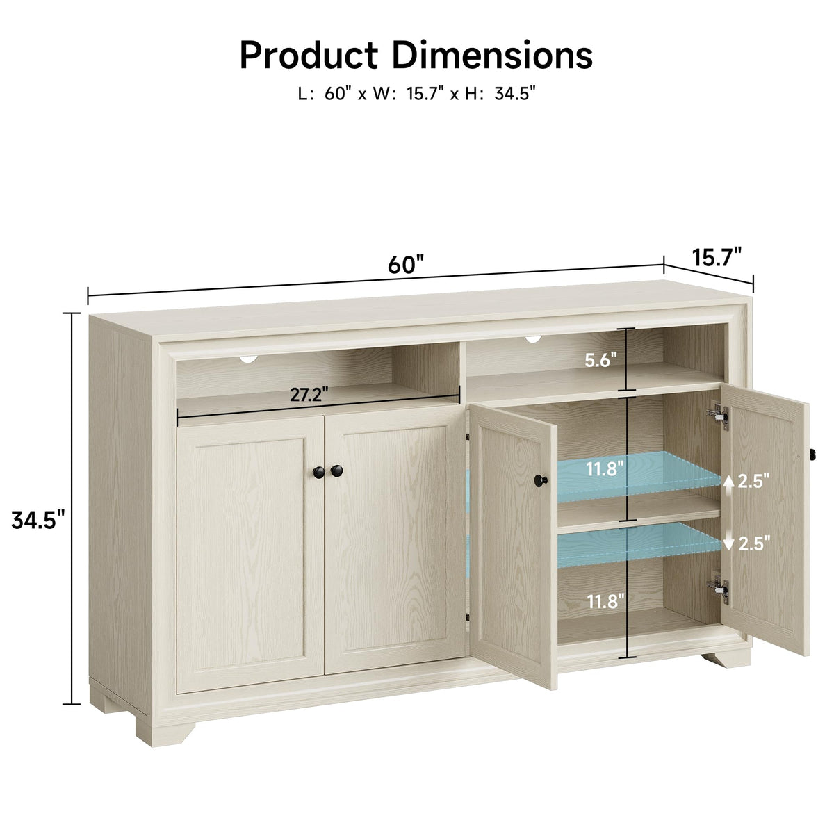 ONBRILL 60 Inches Sideboard Buffet Cabinet with Storage and 4 Doors, White