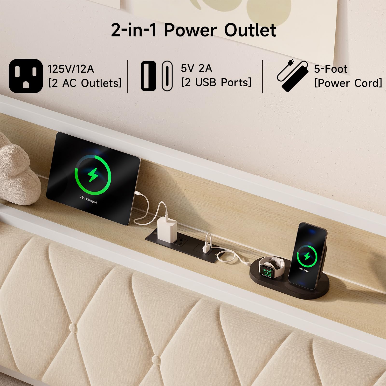 ONBRILL Twin Daybed with Trundle, Twin to King Daybed with Pop up Trundle, Metal Twin Day Bed Frame with Storage Drawers, Upholstered Headboard & Power Outlet for Living Room & Guest Room, White