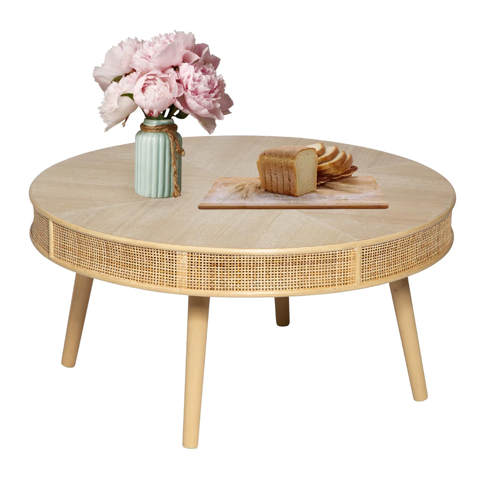 RUSTOWN 2-Piece Farmhouse Coffee Table, Modern Rustic Sofa Side Tea Tables, Solid Wood Finish with Crafted Rattan Side and End Table Sets for Living Room (Natural)