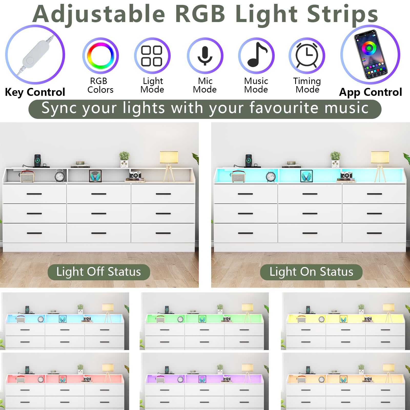 9 Drawer Dressers for Bedroom with Charging Station, Wooden Dresser Wide Dresser with Led Light, 63'' Long Dresser for Closet with Open Cubby, Modern White Bedroom Dresser Triple Wide Chest of Drawers