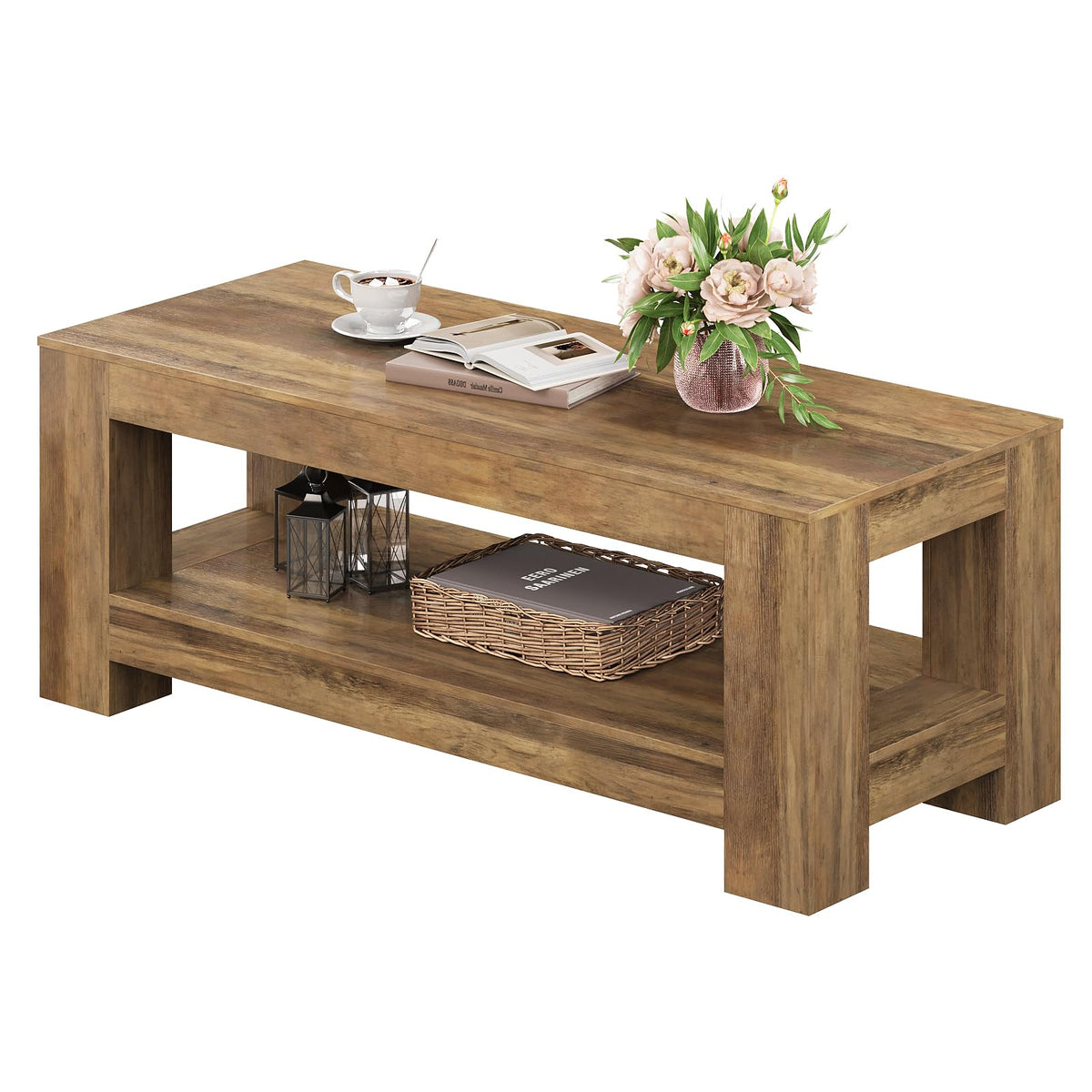 Tohomeor Wood Coffee Table for Living Room, 47.24 Inch Farmhouse Coffee Table with Storage, 2-Tier Accent Center Table with for Home Office Apartment, Retro Brown