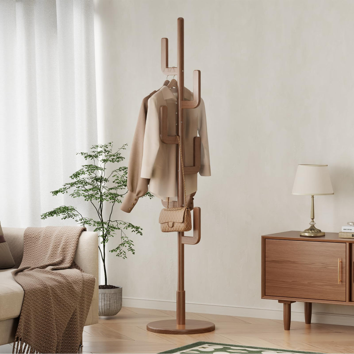 Walnut Solid Wood Cactus Coat Rack with 6 Hooks