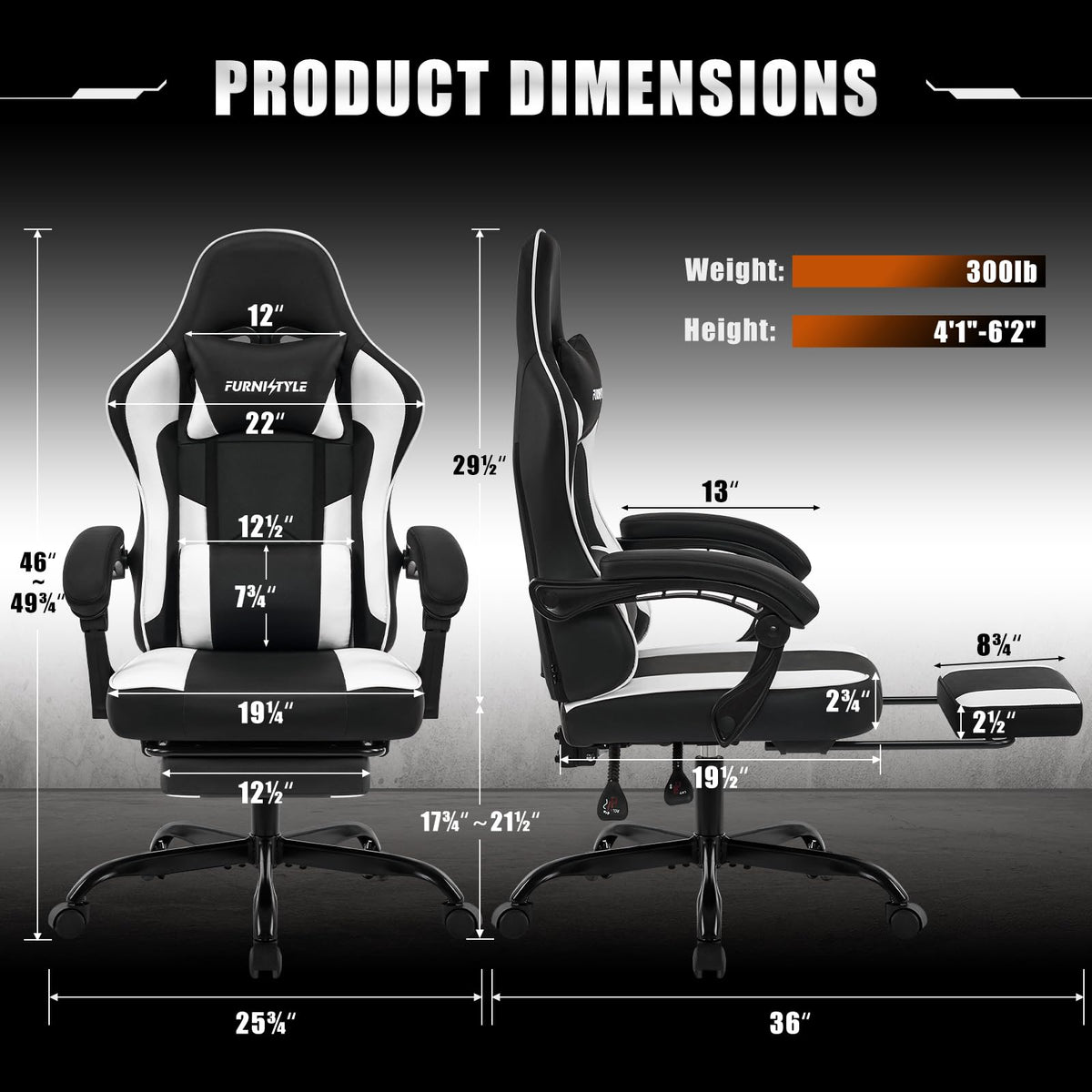 Gaming Chair with Footrest, Video Game Chairs for Adults, Black White