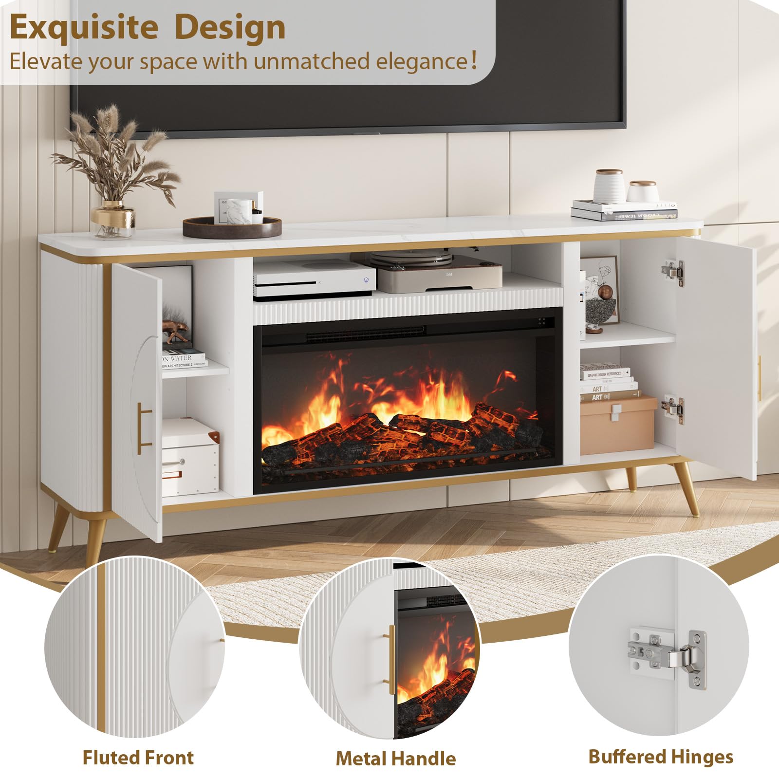 Fluted Fireplace TV Stand Up to 80" TVs, Modern Entertainment Center with 30" Electric Fireplace, Luxury Media Console with Adjustable Shelves for Living Room, White