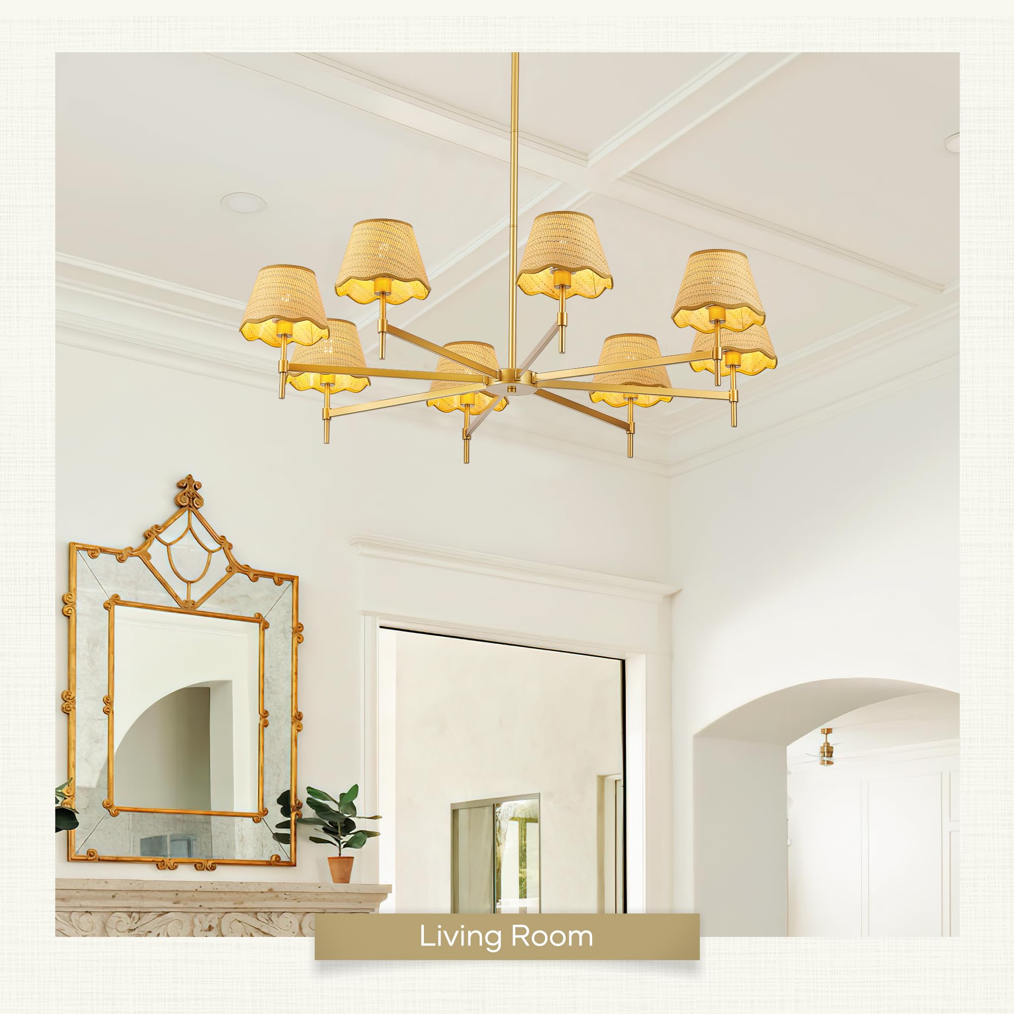 Aol furin 8-Light Boho Rattan Chandelier with Woven Shades, 43” Brass Gold Light Fixture for Dining Room,Adjustable Rustic Pendant Light for Kitchen Island Living Room Entryway,E12.