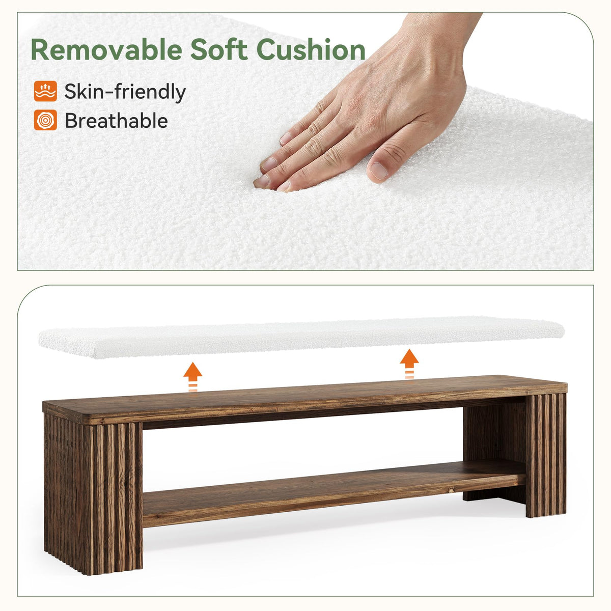 TRIBEWOOD 63" Solid Wood Entryway Bench, Farmhouse Upholstered End of Bed Bench with Removable Faux Lambswool Cushion and Fluted Legs, Indoor Long Ottoman for Bedroom, Entryway, Dark Brown