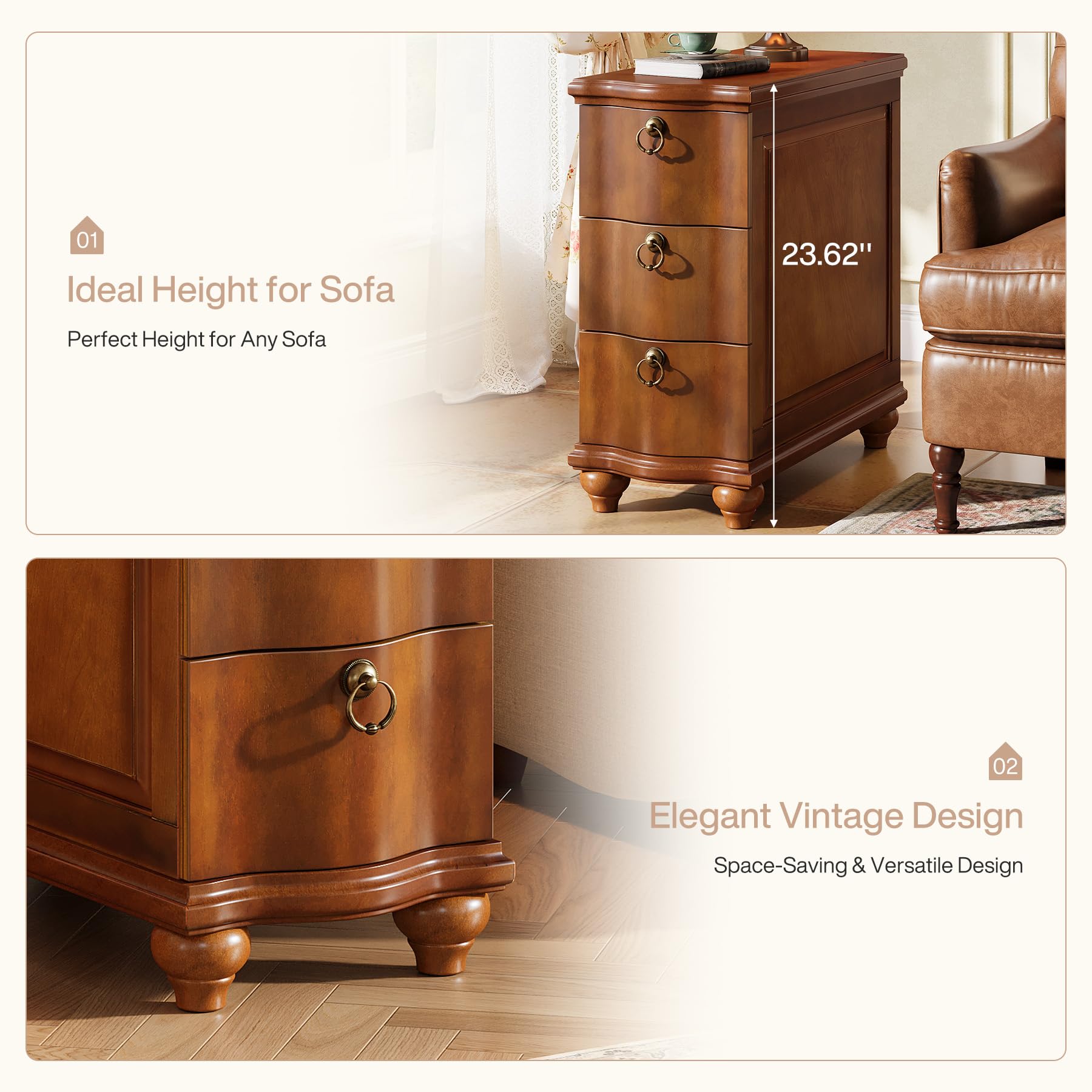 Tribesigns Wood Fully Assembled End Table, 3-Drawers Narrow Slim Side Table, No Assembly Required, Nightstand for Bedside, Small Spaces, Living Room, Bedroom, Walnut Brown