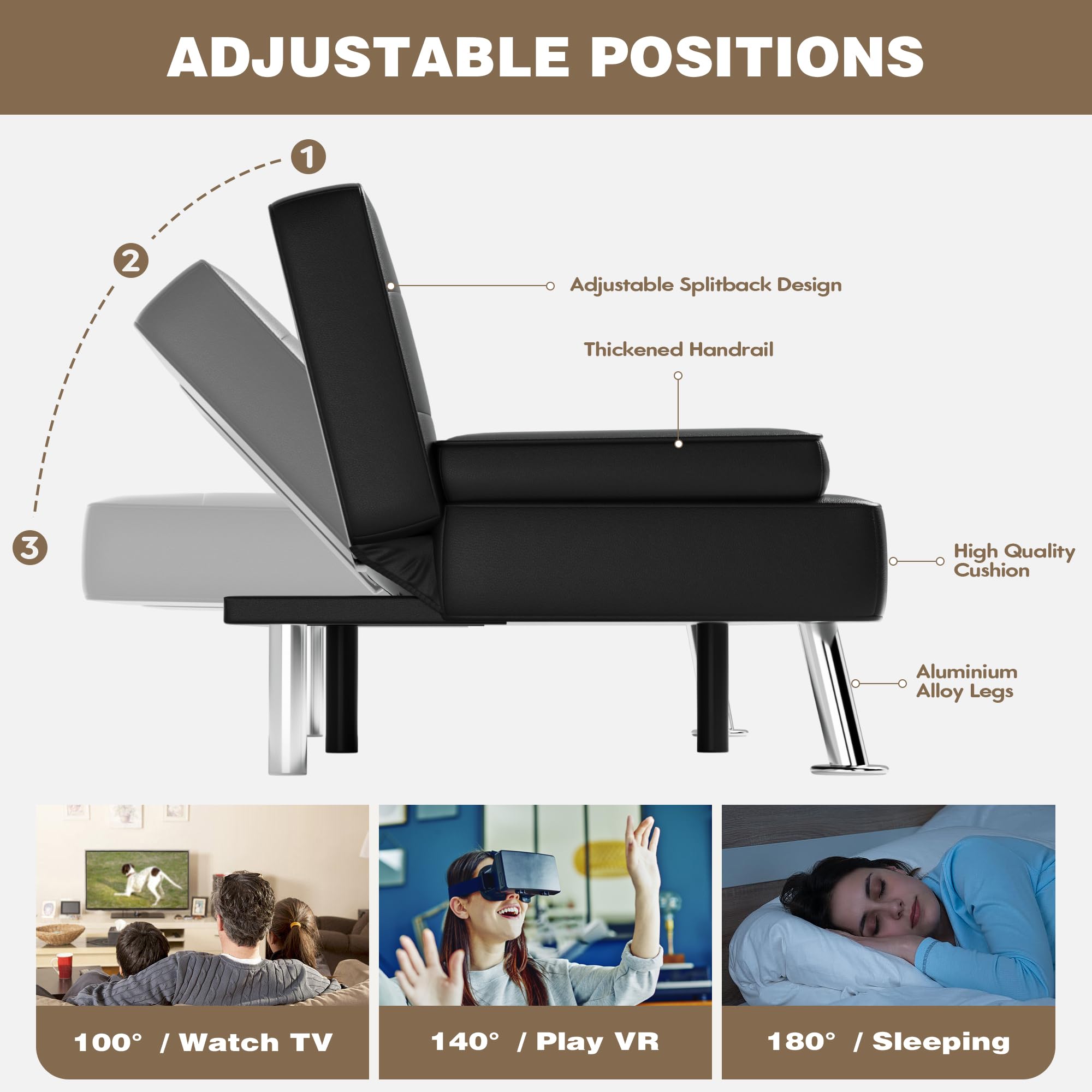 Faux Leather Futon Sofa Bed with Adjustable Backrest & Cup Holders
