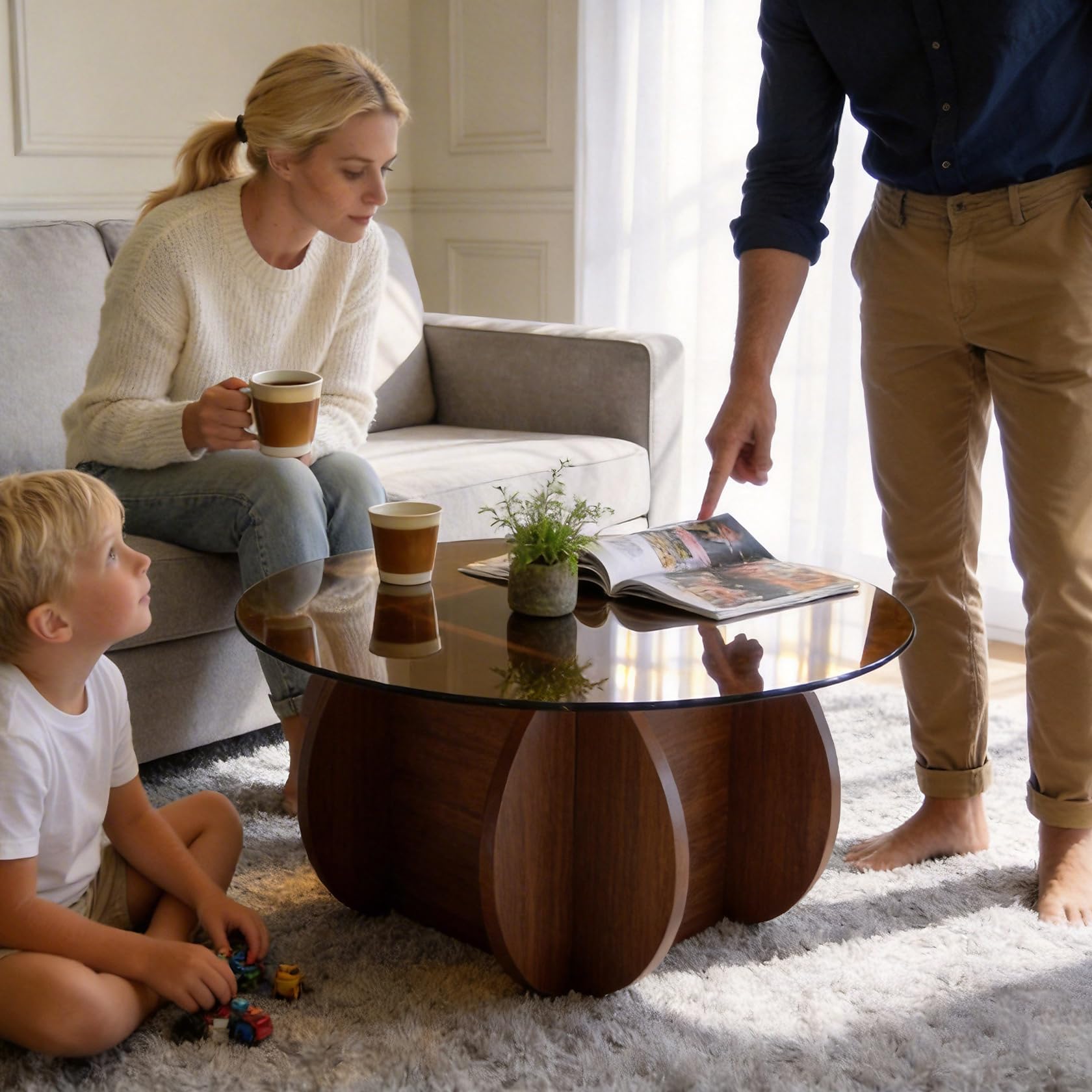 Round Glass Coffee Table with Wood Legs