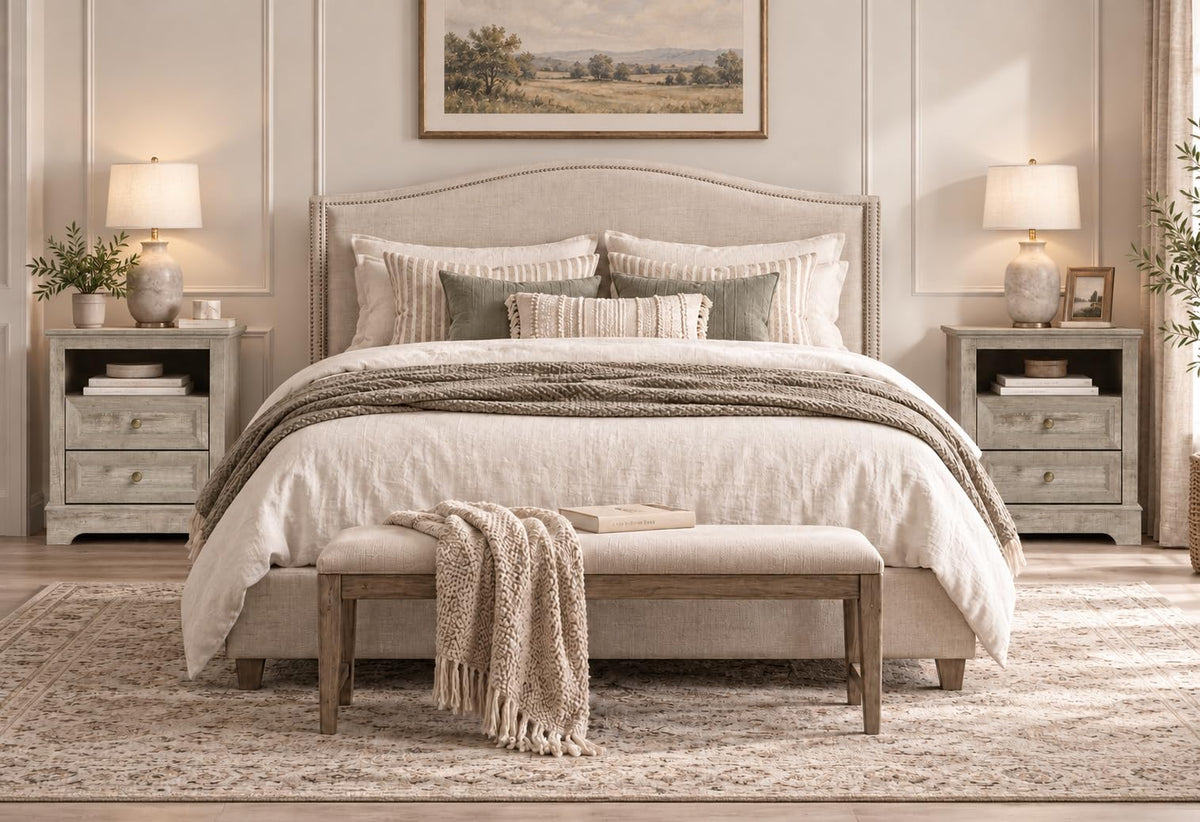 LOUVIXA Farmhouse Bedroom Sets of 3, Including 9 Drawer Dresser, Nightstand Set of 2 with Charging Station (Grey Sets)