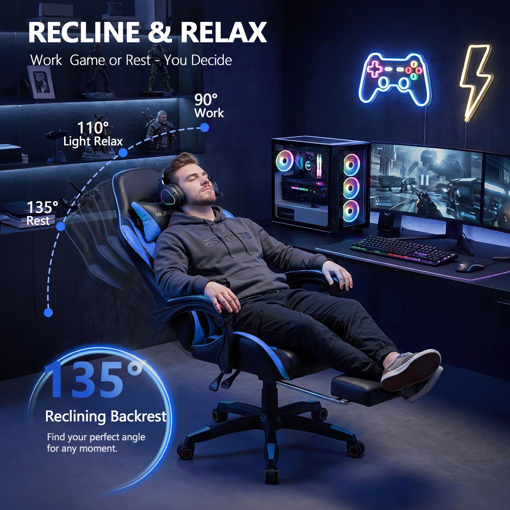 Mr IRONSTONE Gaming Chair with Footrest, Ergonomic Reclining Gamer Chair with Lumbar Support & Massage, High Back Racing Style Video Game Chair, Adjustable Headrest, Swivel Desk Chair, Blue
