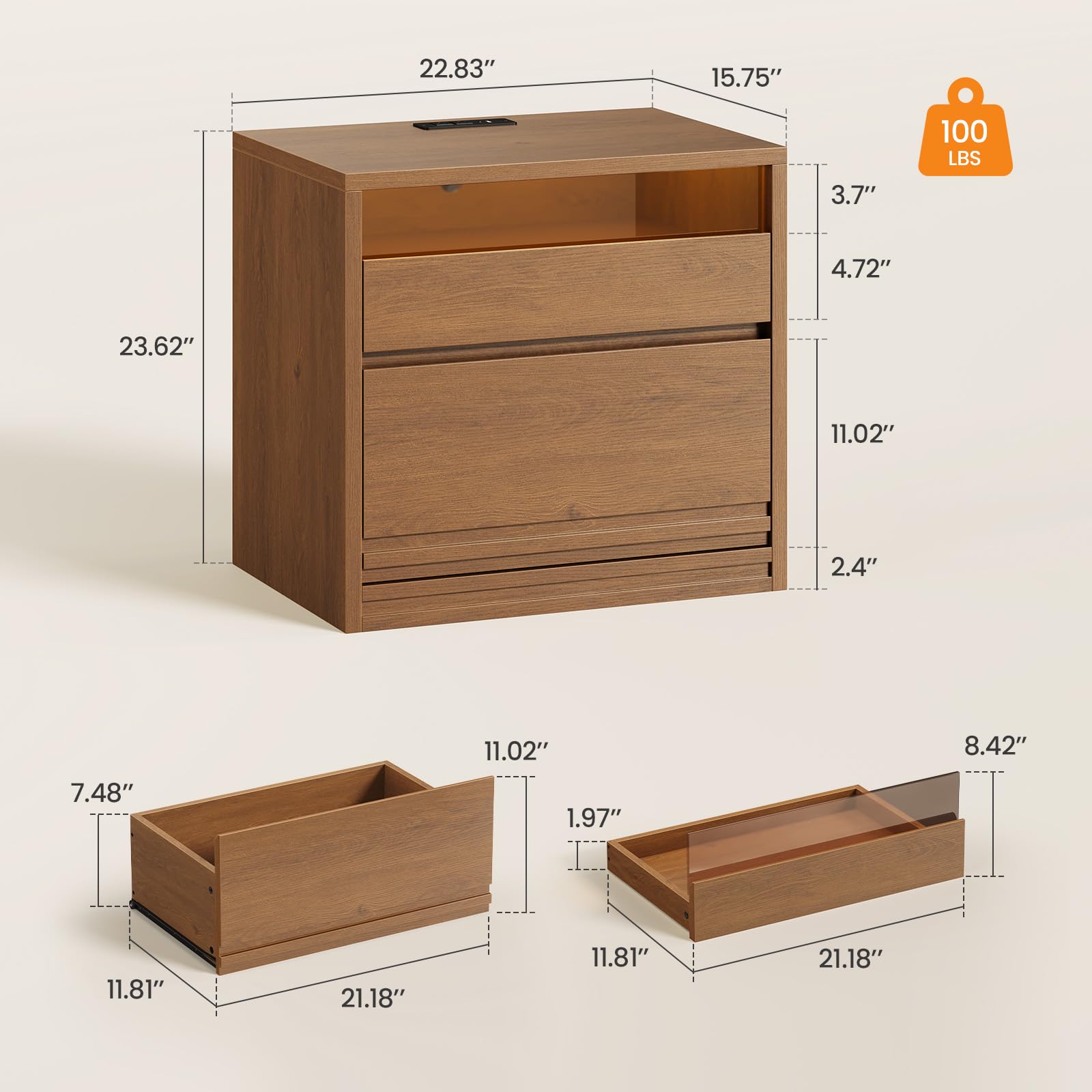 Sikaic 22" Fluted Nightstand with Charging Station and LED Lights, Bedside Table with Glass Drawers, Mid-Century Modern End Side Table for Bedroom, Walnut Brown