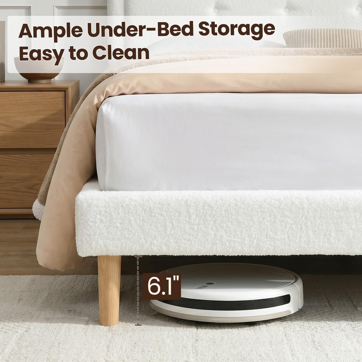 Queen Size Bed Frame with Height Adjustable Headboard Boucle Fabric, White